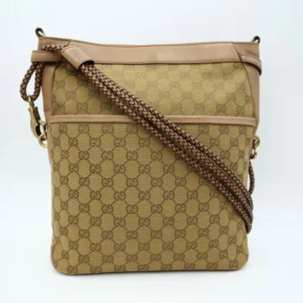 Gucci Abbey GG Canvas Leather Braided Strap Shoulder Bag Tan